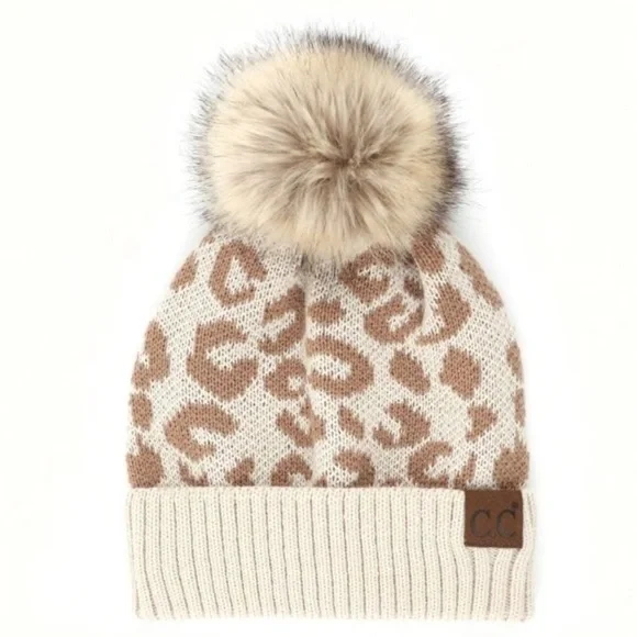🍁LAST1️⃣New Tan/Cream C.C. Leopard Furry Pom Hat Women's Winter Warm Beanie Hat - Picture 5 of 5